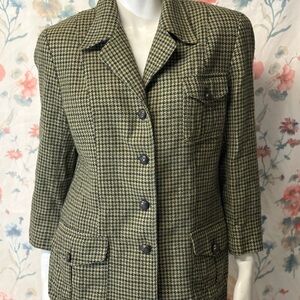 Vintage Green and Black Tweed Blazer with Notched Lapels